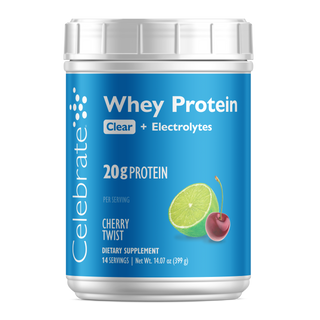 Celebrate Myseprotein Cherry Twist-beholder med blå etikett på hvit bakgrunn