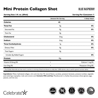Næringsinnholdsetikett for en Mini Protein Collagen Shot med blå bringebærsmak, inkludert porsjonsstørrelse, kalorier og ingredienser.