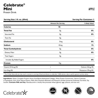 Næringsinnholdsetikett for Celebrate Mini Protein Drink med eplesmak på hvit bakgrunn