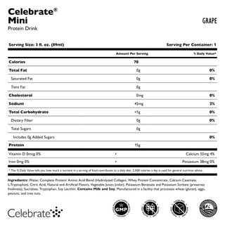 Næringsinnholdsetikett for Celebrate Mini Protein Drink Grape smak på hvit bakgrunn